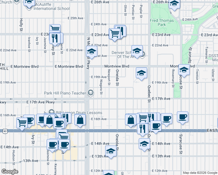 map of restaurants, bars, coffee shops, grocery stores, and more near Newport Street in Denver