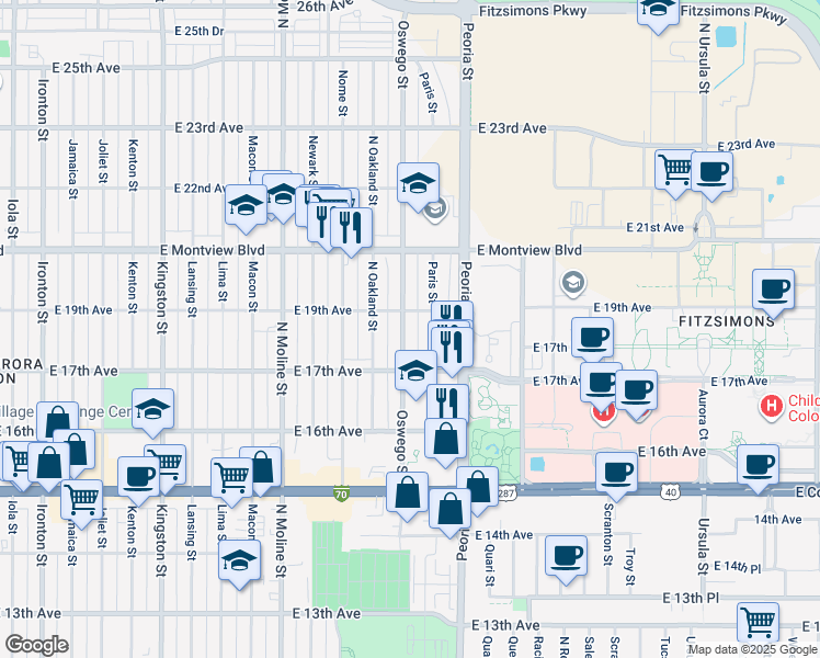 map of restaurants, bars, coffee shops, grocery stores, and more near 1764 Oswego Street in Aurora