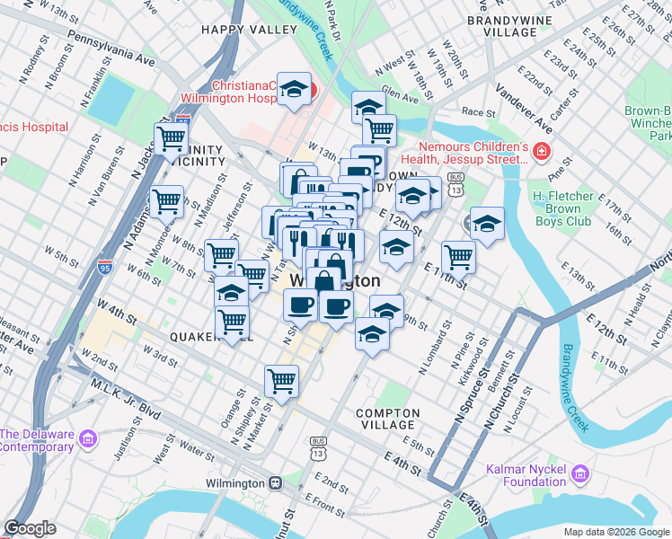 map of restaurants, bars, coffee shops, grocery stores, and more near 905 North Market Street in Wilmington