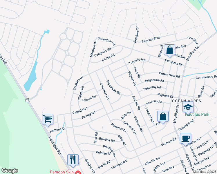 map of restaurants, bars, coffee shops, grocery stores, and more near 152 Stowaway Road in Stafford Township