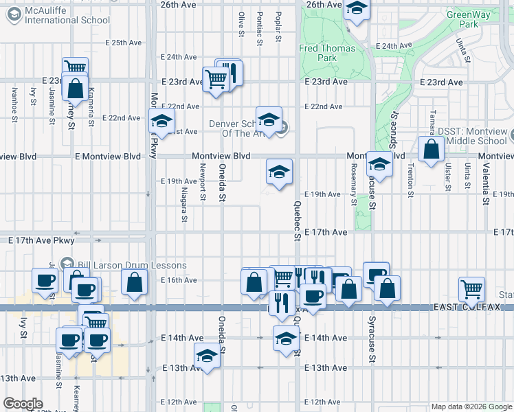 map of restaurants, bars, coffee shops, grocery stores, and more near in Denver