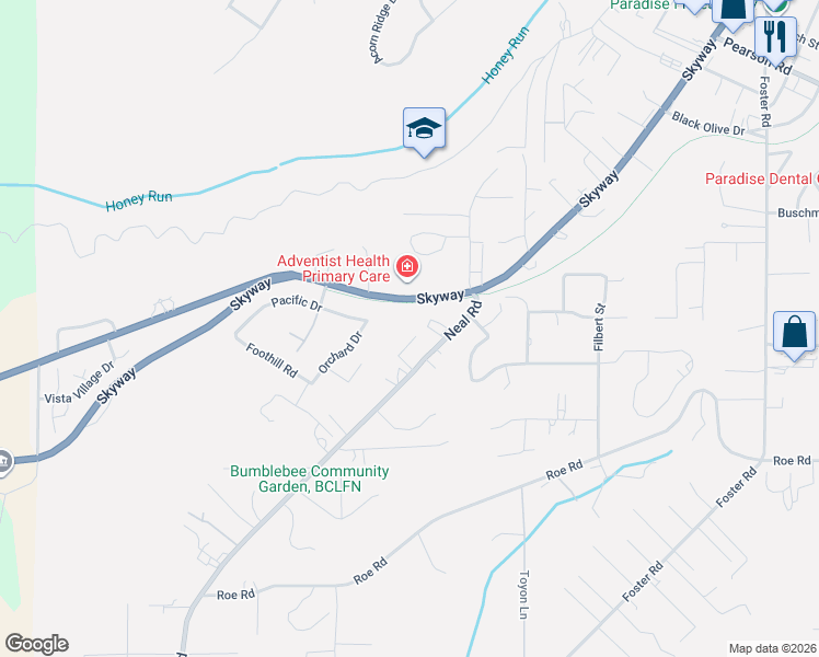 map of restaurants, bars, coffee shops, grocery stores, and more near 3995 Skyview Drive in Paradise