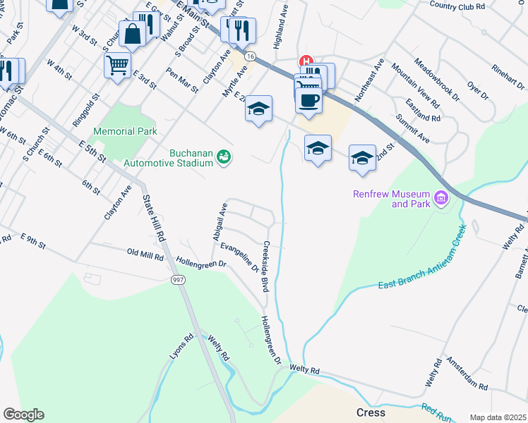 map of restaurants, bars, coffee shops, grocery stores, and more near 525 Abigail Avenue in Waynesboro