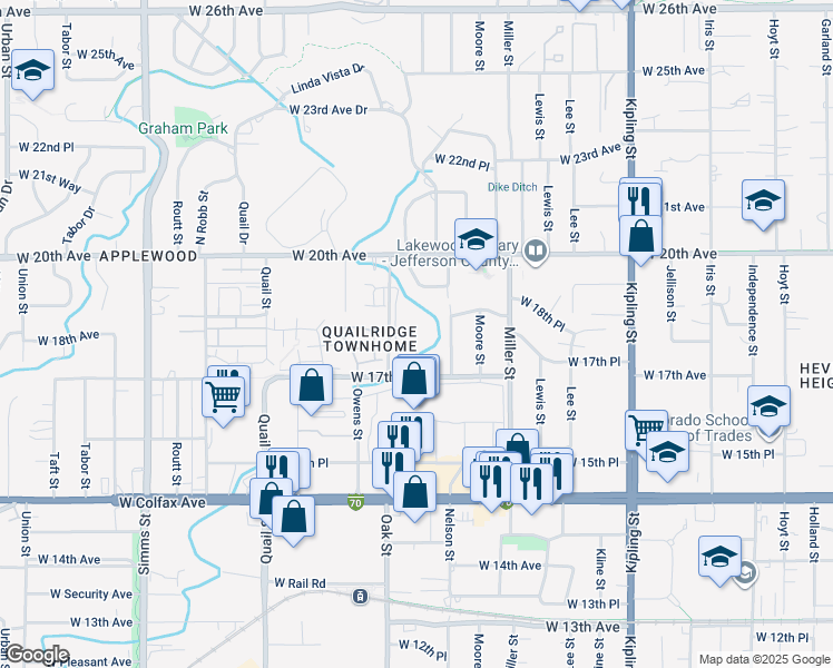 map of restaurants, bars, coffee shops, grocery stores, and more near 10695 West 17th Avenue in Lakewood