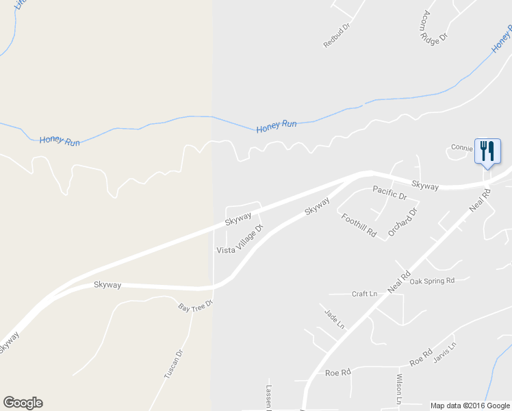 map of restaurants, bars, coffee shops, grocery stores, and more near 5060 Russell Drive in Paradise