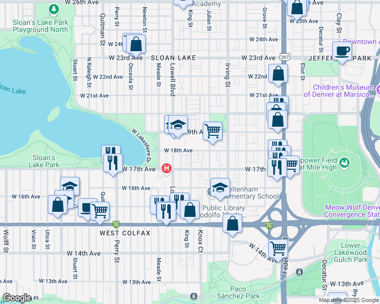 map of restaurants, bars, coffee shops, grocery stores, and more near 3500 West 18th Avenue in Denver