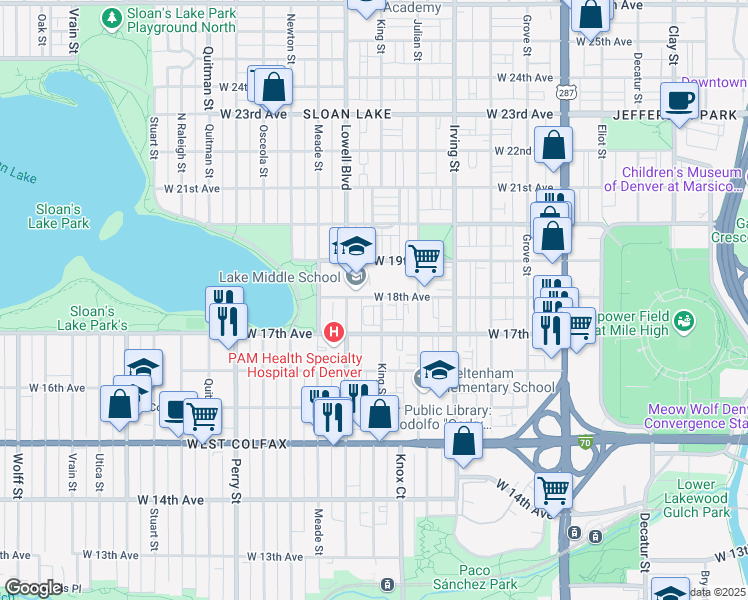 map of restaurants, bars, coffee shops, grocery stores, and more near 3528 West 18th Avenue in Denver