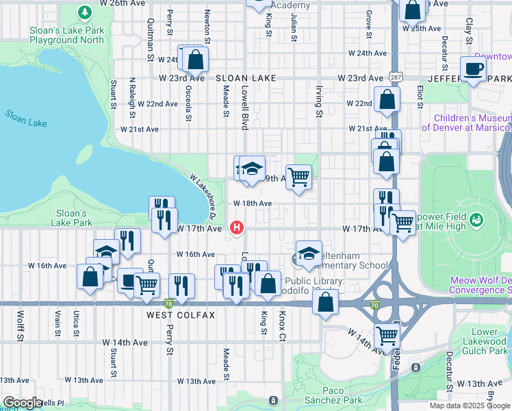 map of restaurants, bars, coffee shops, grocery stores, and more near 3540 West 18th Avenue in Denver