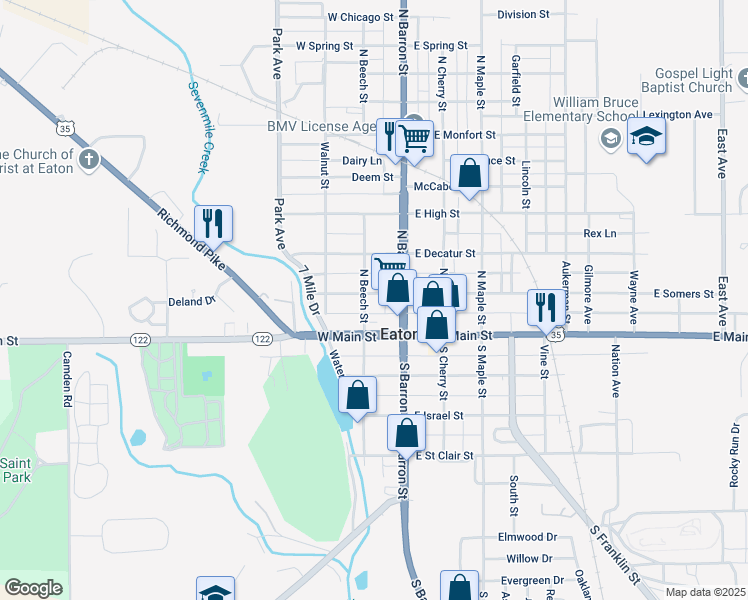 map of restaurants, bars, coffee shops, grocery stores, and more near 119 West Somers Street in Eaton