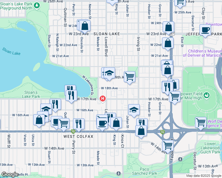 map of restaurants, bars, coffee shops, grocery stores, and more near 3540 West 18th Avenue in Denver