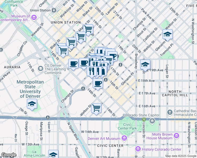 map of restaurants, bars, coffee shops, grocery stores, and more near 1534 Stout Street in Denver