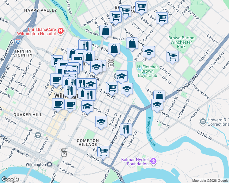 map of restaurants, bars, coffee shops, grocery stores, and more near 1121 North Lombard Street in Wilmington
