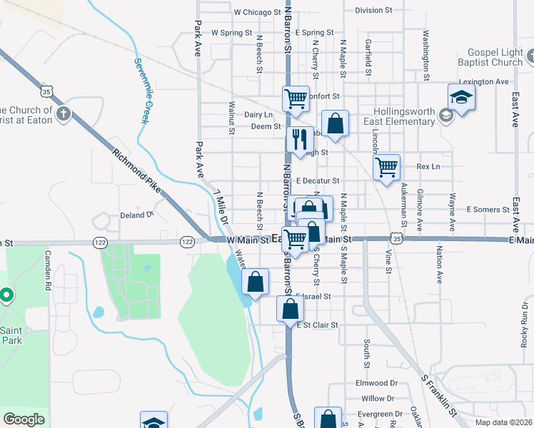 map of restaurants, bars, coffee shops, grocery stores, and more near 119 West Somers Street in Eaton