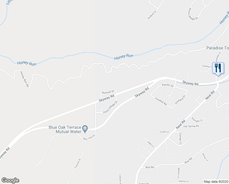 map of restaurants, bars, coffee shops, grocery stores, and more near 5060 Russell Drive in Paradise