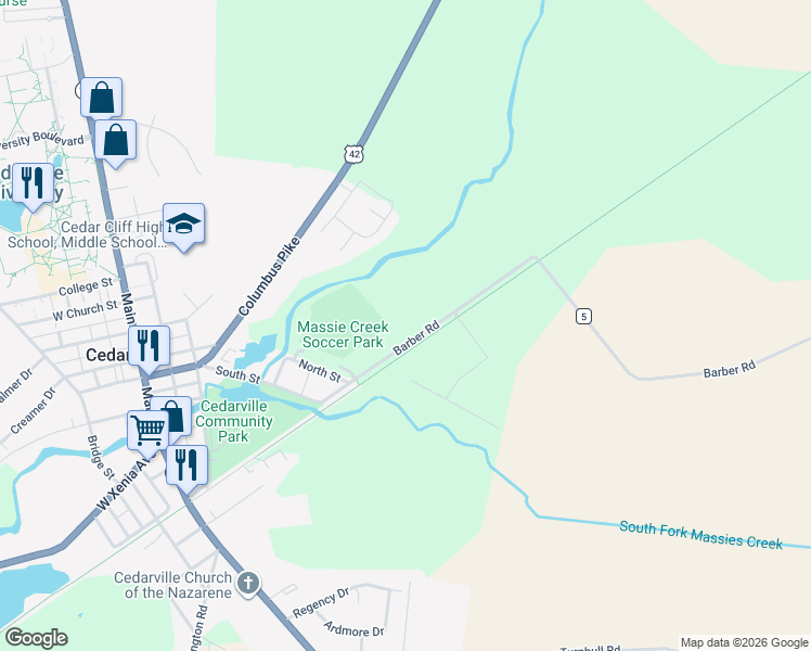 map of restaurants, bars, coffee shops, grocery stores, and more near 3480 Barber Road in Cedarville