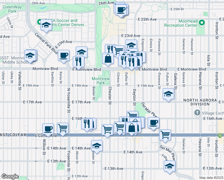 map of restaurants, bars, coffee shops, grocery stores, and more near 1788 Chester Street in Aurora