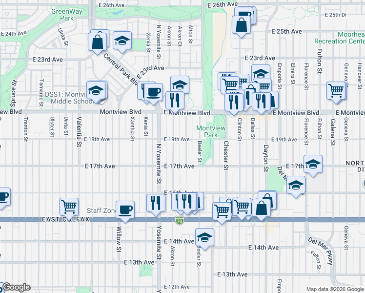 map of restaurants, bars, coffee shops, grocery stores, and more near 1792 Akron Street in Aurora