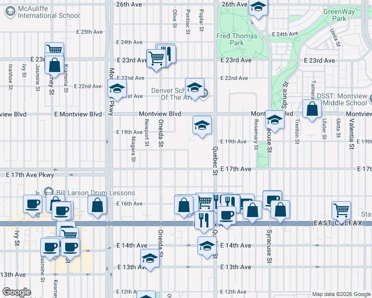 map of restaurants, bars, coffee shops, grocery stores, and more near in Denver