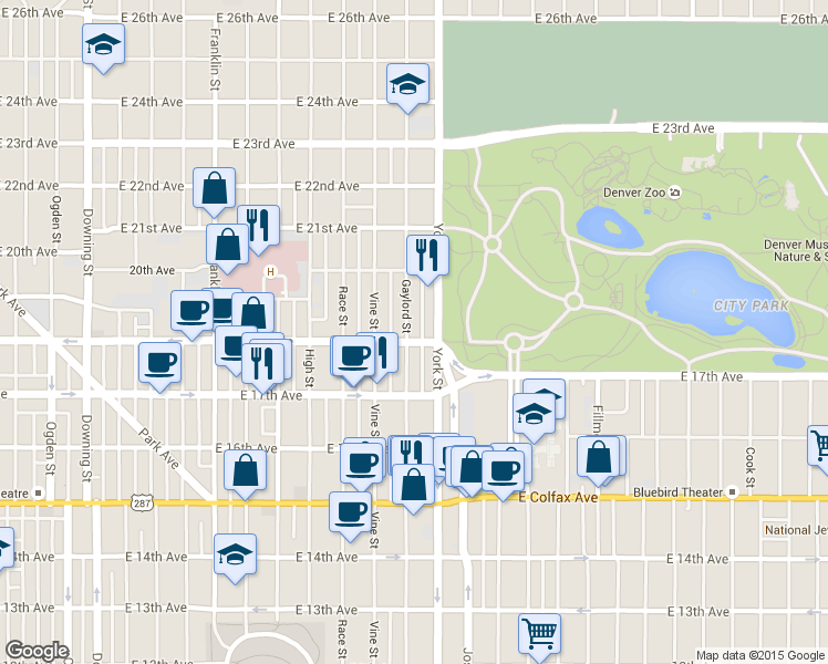map of restaurants, bars, coffee shops, grocery stores, and more near in Denver