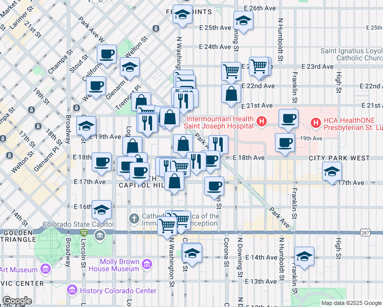 map of restaurants, bars, coffee shops, grocery stores, and more near 1828 North Clarkson street in Denver