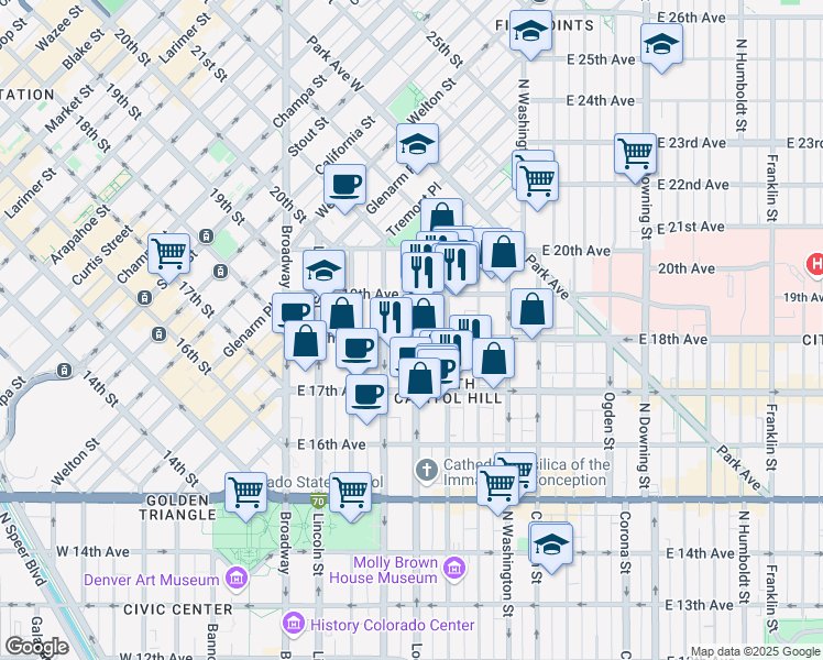 map of restaurants, bars, coffee shops, grocery stores, and more near in Denver