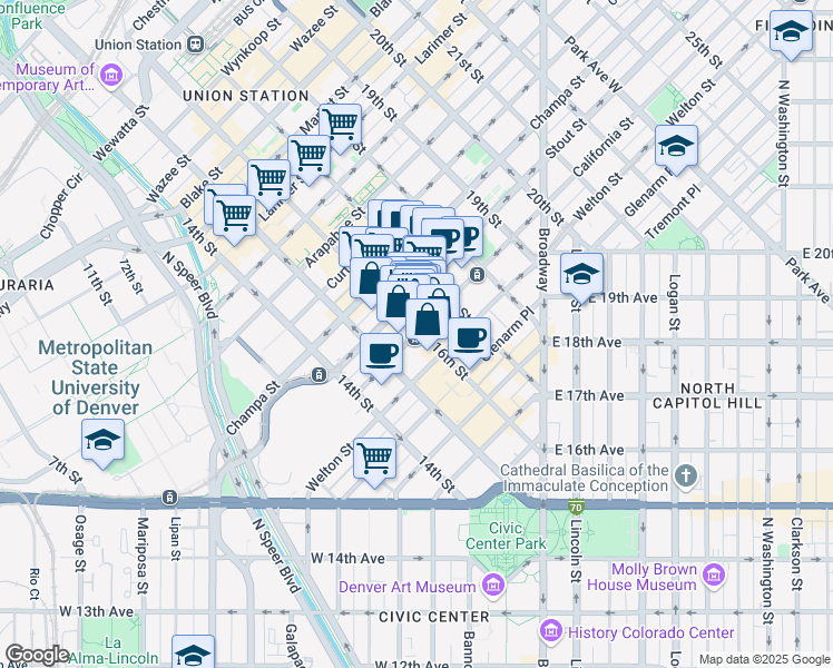 map of restaurants, bars, coffee shops, grocery stores, and more near 801 16th Street Mall in Denver