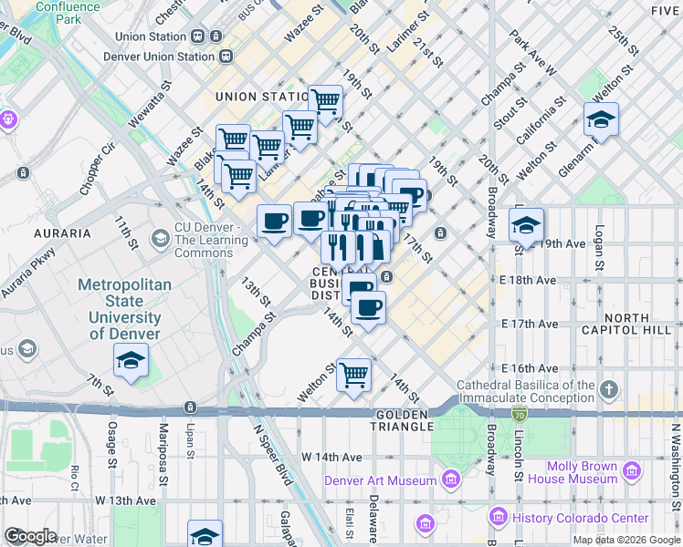 map of restaurants, bars, coffee shops, grocery stores, and more near in Denver