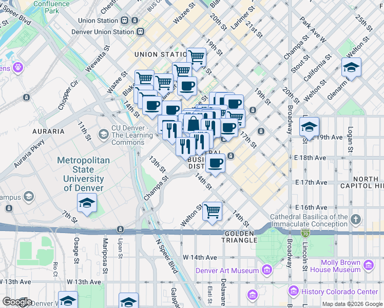 map of restaurants, bars, coffee shops, grocery stores, and more near in Denver