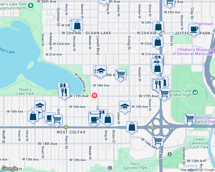 map of restaurants, bars, coffee shops, grocery stores, and more near 1800 King Street in Denver