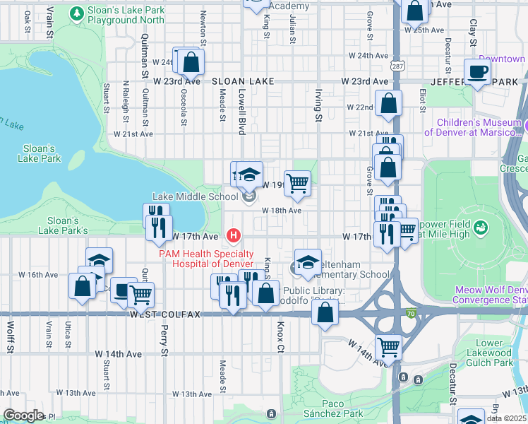 map of restaurants, bars, coffee shops, grocery stores, and more near 1800 King Street in Denver