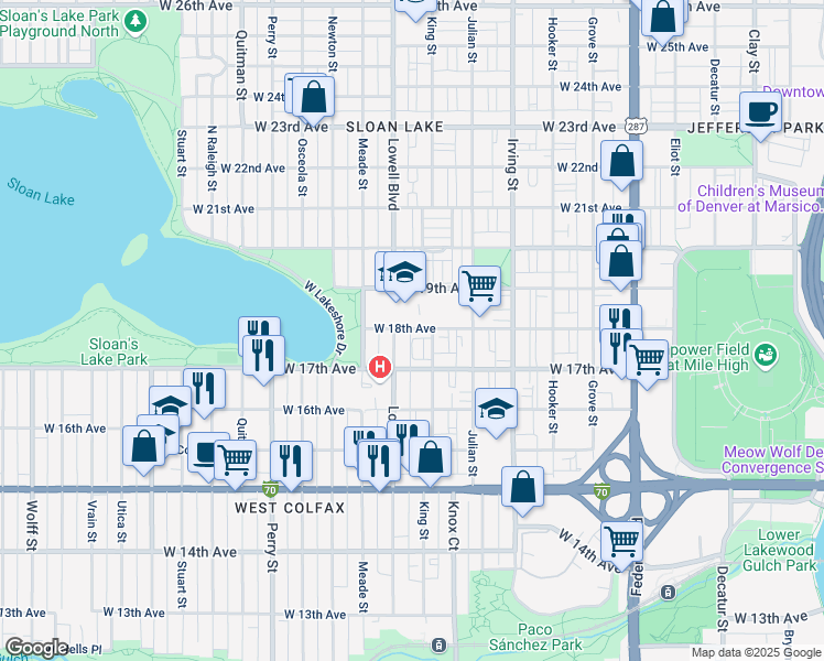 map of restaurants, bars, coffee shops, grocery stores, and more near 1820 Lowell Boulevard in Denver