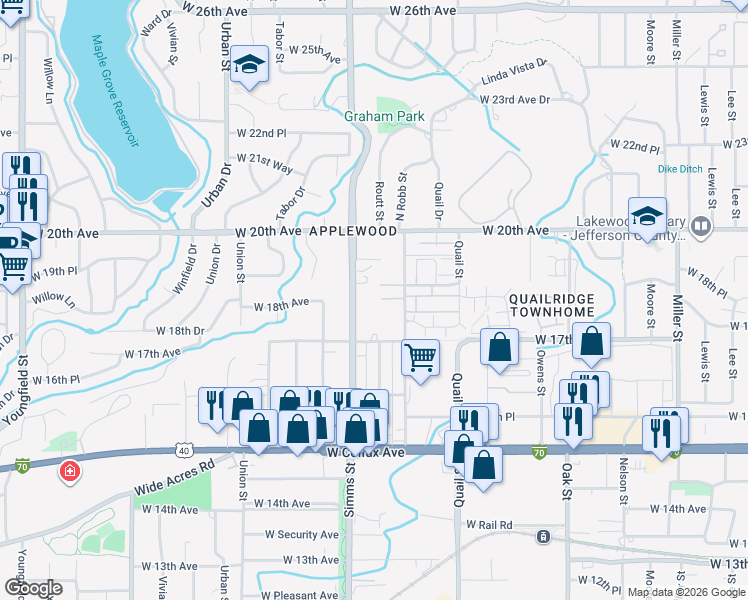 map of restaurants, bars, coffee shops, grocery stores, and more near 11455 West 17th Place in Lakewood