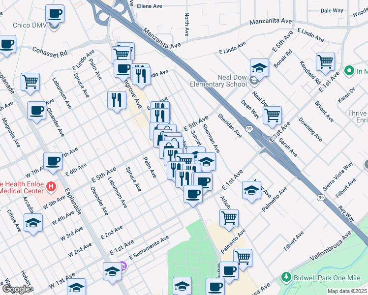 map of restaurants, bars, coffee shops, grocery stores, and more near 1423 Arbutus Avenue in Chico