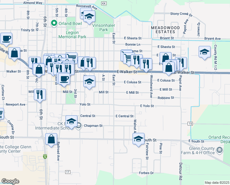 map of restaurants, bars, coffee shops, grocery stores, and more near 9 East Mill Street in Orland