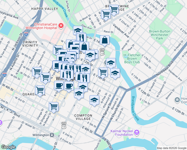map of restaurants, bars, coffee shops, grocery stores, and more near in Wilmington