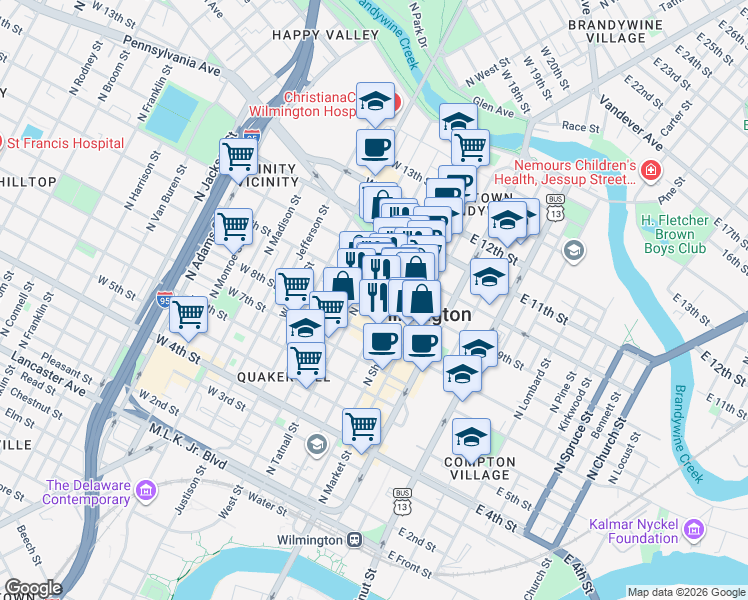 map of restaurants, bars, coffee shops, grocery stores, and more near 222 West 9th Street in Wilmington