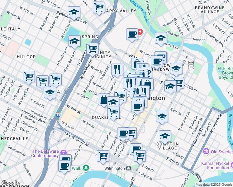 map of restaurants, bars, coffee shops, grocery stores, and more near 801 Washington Street in Wilmington