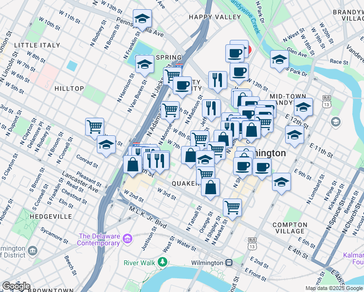 map of restaurants, bars, coffee shops, grocery stores, and more near 612 West 8th Street in Wilmington
