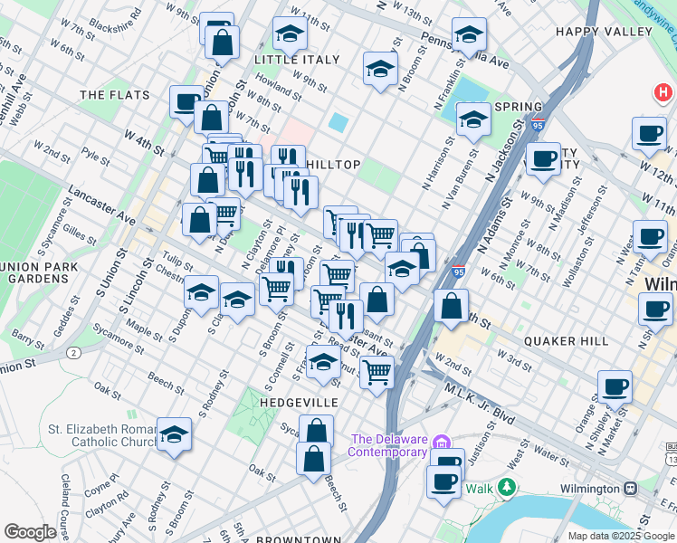 map of restaurants, bars, coffee shops, grocery stores, and more near 1323 West 3rd Street in Wilmington