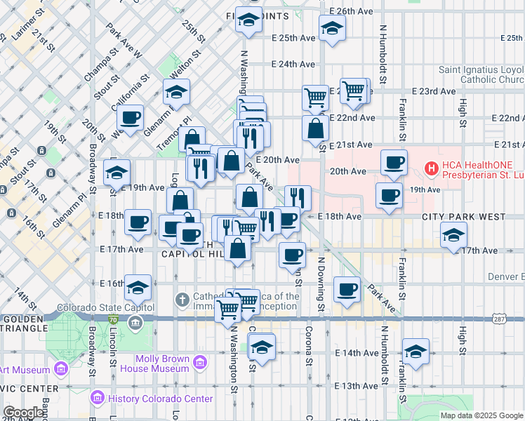 map of restaurants, bars, coffee shops, grocery stores, and more near 1828 North Clarkson street in Denver