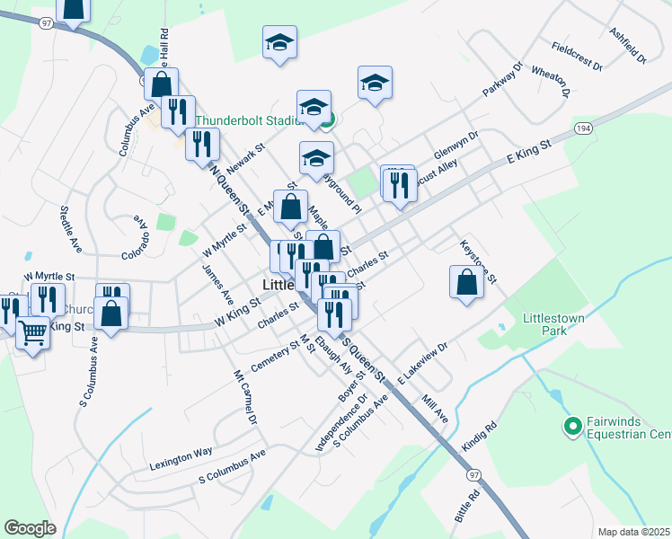 map of restaurants, bars, coffee shops, grocery stores, and more near 49 E King St in Littlestown