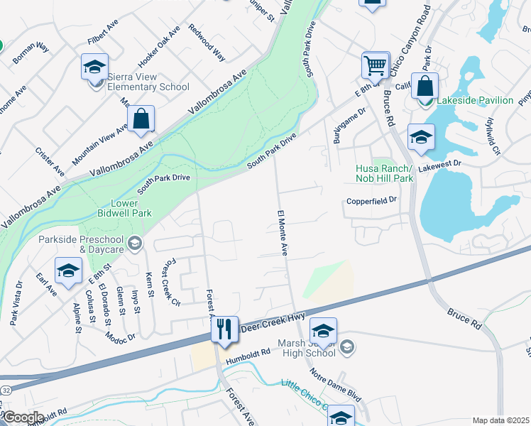 map of restaurants, bars, coffee shops, grocery stores, and more near 875 El Monte Avenue in Chico