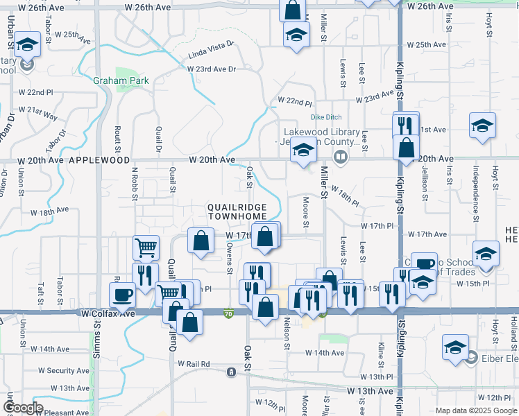 map of restaurants, bars, coffee shops, grocery stores, and more near 10695 West 17th Avenue in Lakewood