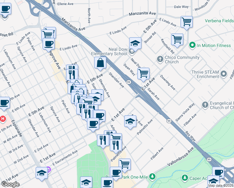 map of restaurants, bars, coffee shops, grocery stores, and more near 1301 Sheridan Avenue in Chico