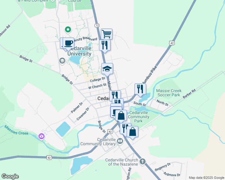map of restaurants, bars, coffee shops, grocery stores, and more near 180 North Main Street in Cedarville