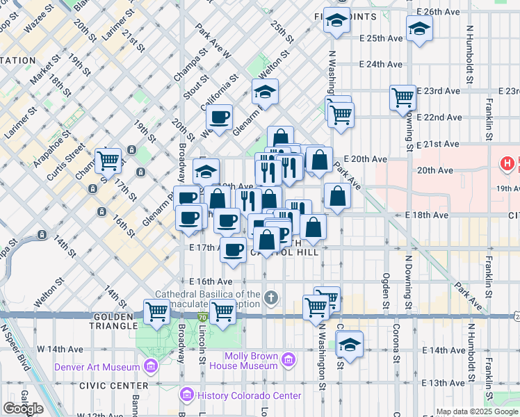map of restaurants, bars, coffee shops, grocery stores, and more near 325 East 18th Avenue in Denver