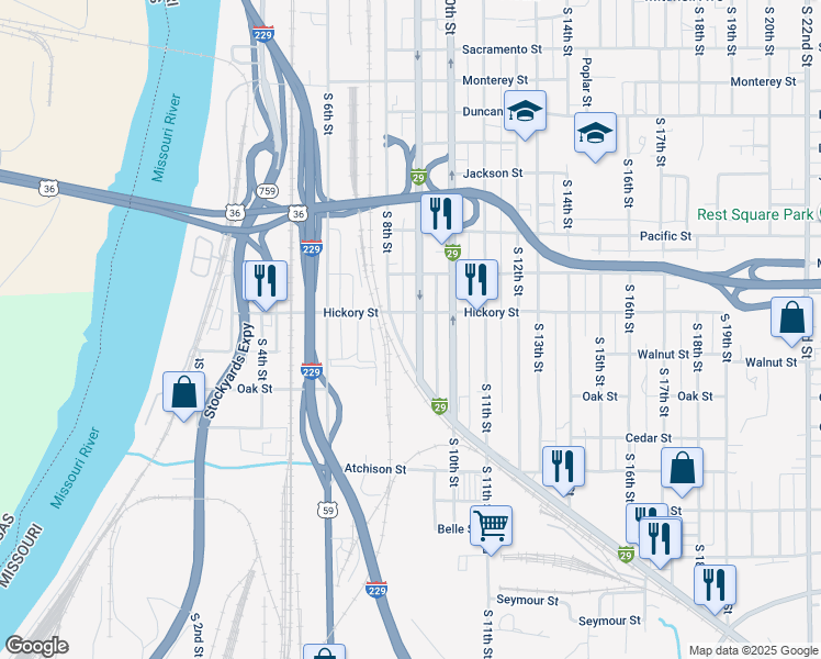 map of restaurants, bars, coffee shops, grocery stores, and more near 2304 South 9th Street in Saint Joseph