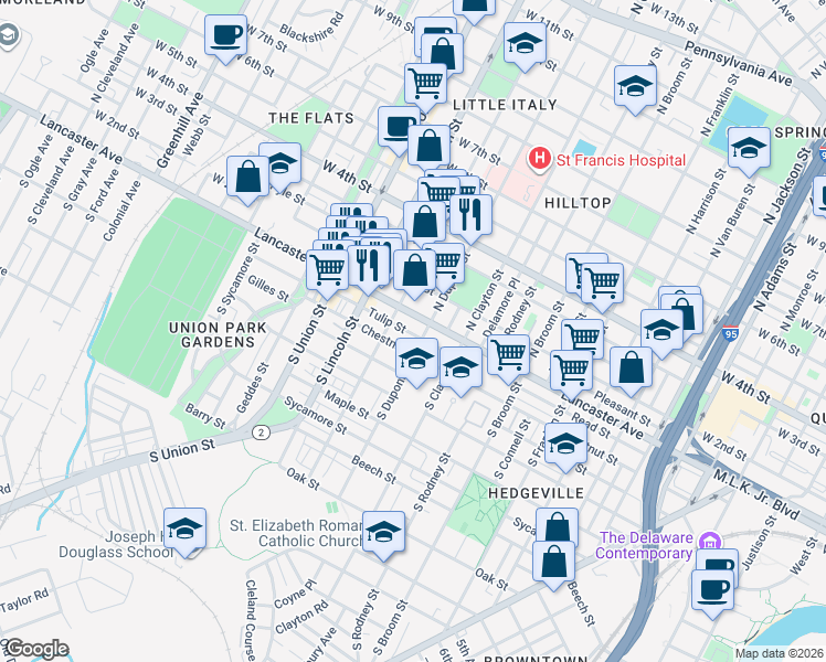 map of restaurants, bars, coffee shops, grocery stores, and more near 1714 Lancaster Avenue in Wilmington