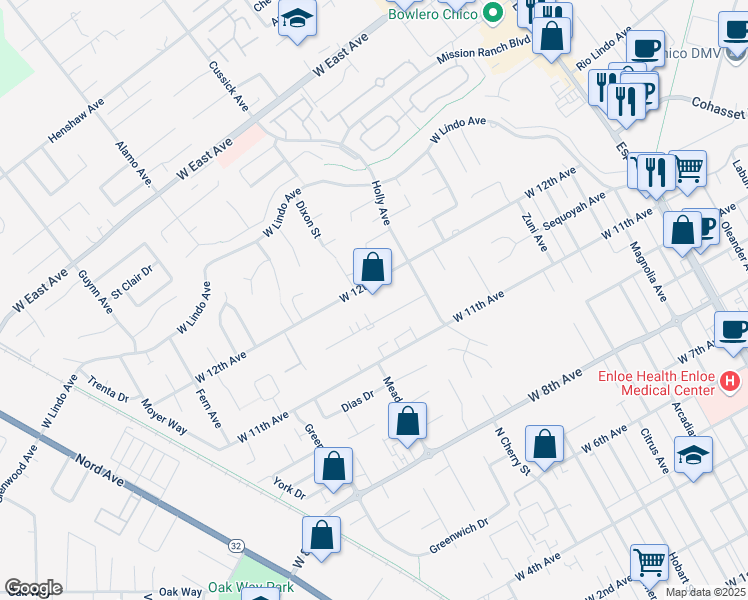 map of restaurants, bars, coffee shops, grocery stores, and more near 805 West 12th Avenue in Chico