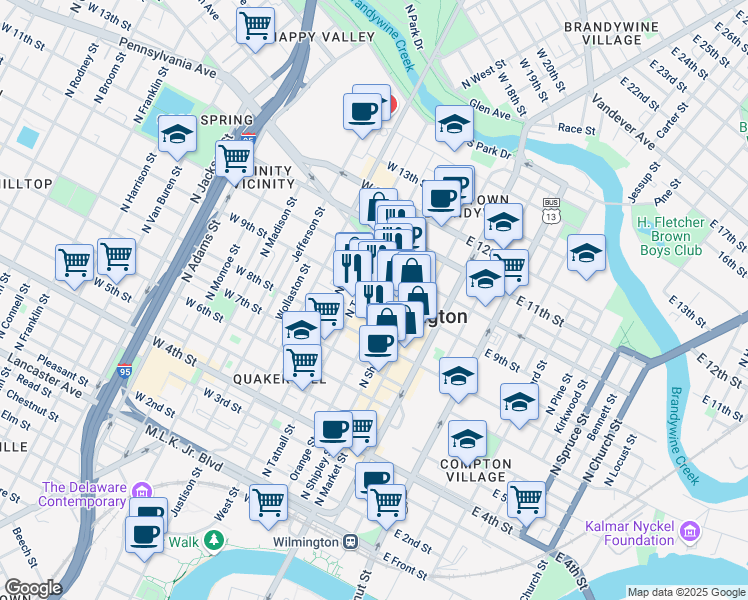 map of restaurants, bars, coffee shops, grocery stores, and more near 222 West 9th Street in Wilmington